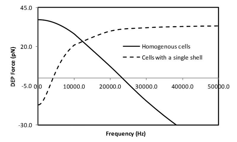 Figure 4. Plot of the frequency-dependent DEP force experienced by a cell when it is modeled as a homogenous body or as a nonhomogeneous body with a single shell.